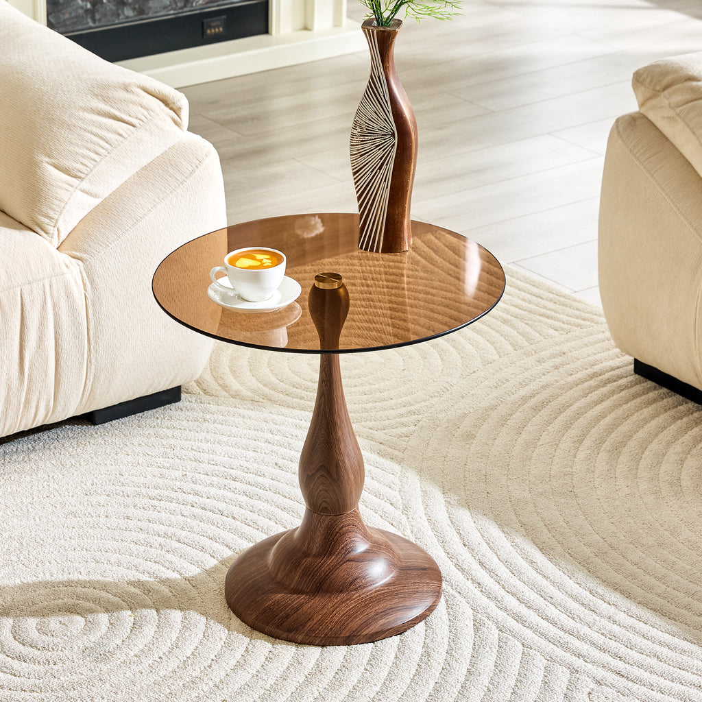 Round side table walnut metal base with 19.6 inch glass top overview
