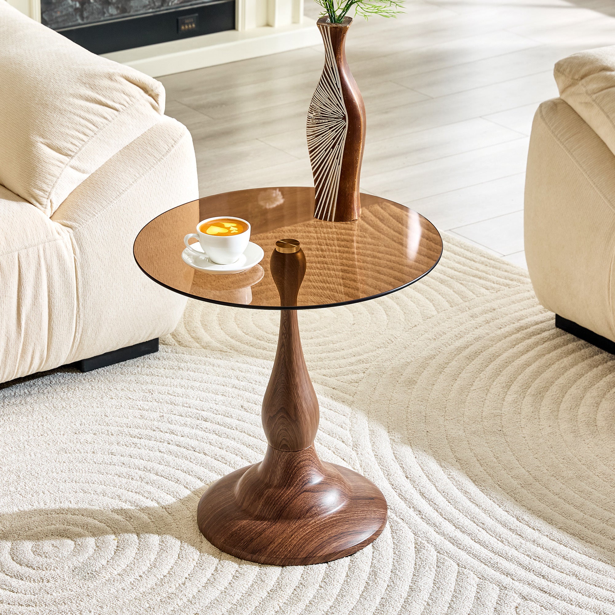 Round side table walnut metal base with 19.6 inch glass top overview