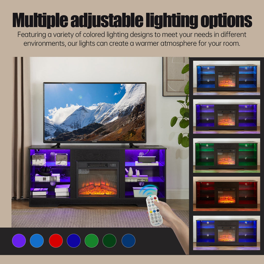 TV Stand with Electric Fireplace — Glass Shelves & USB Outlets for TVs Up to 62"