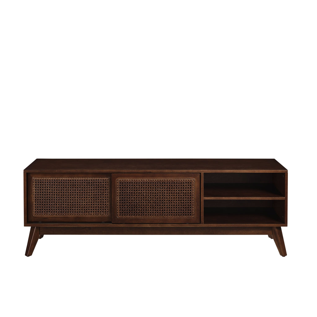 Walnut TV cabinet sliding door storage close-up