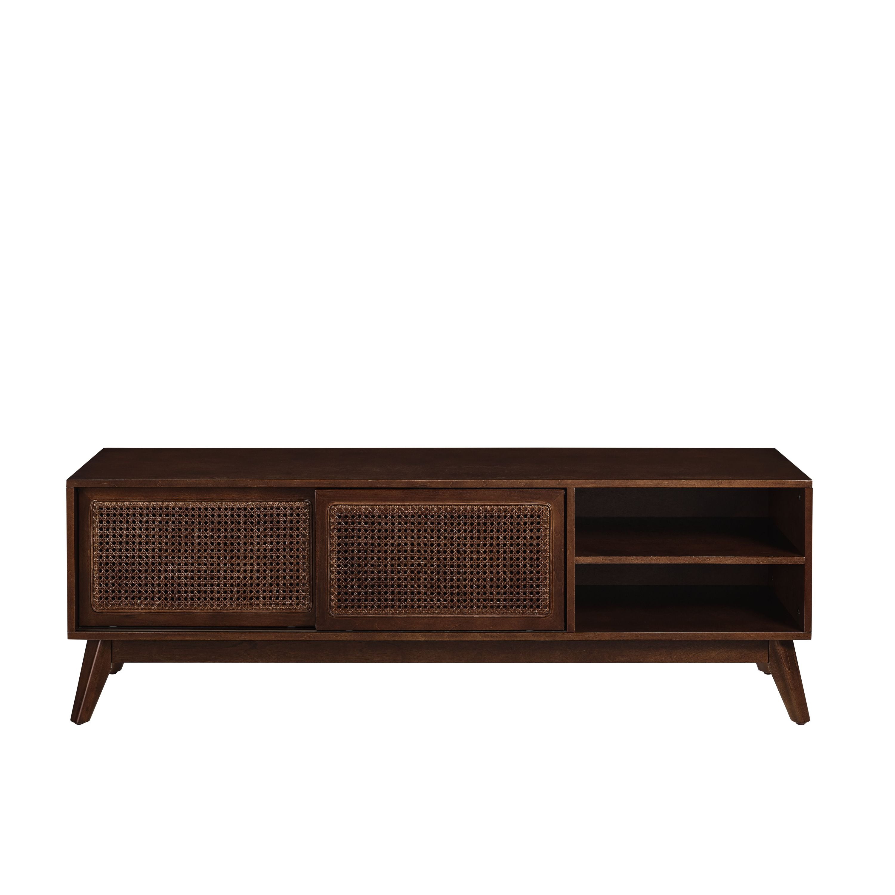 Walnut TV cabinet sliding door storage close-up
