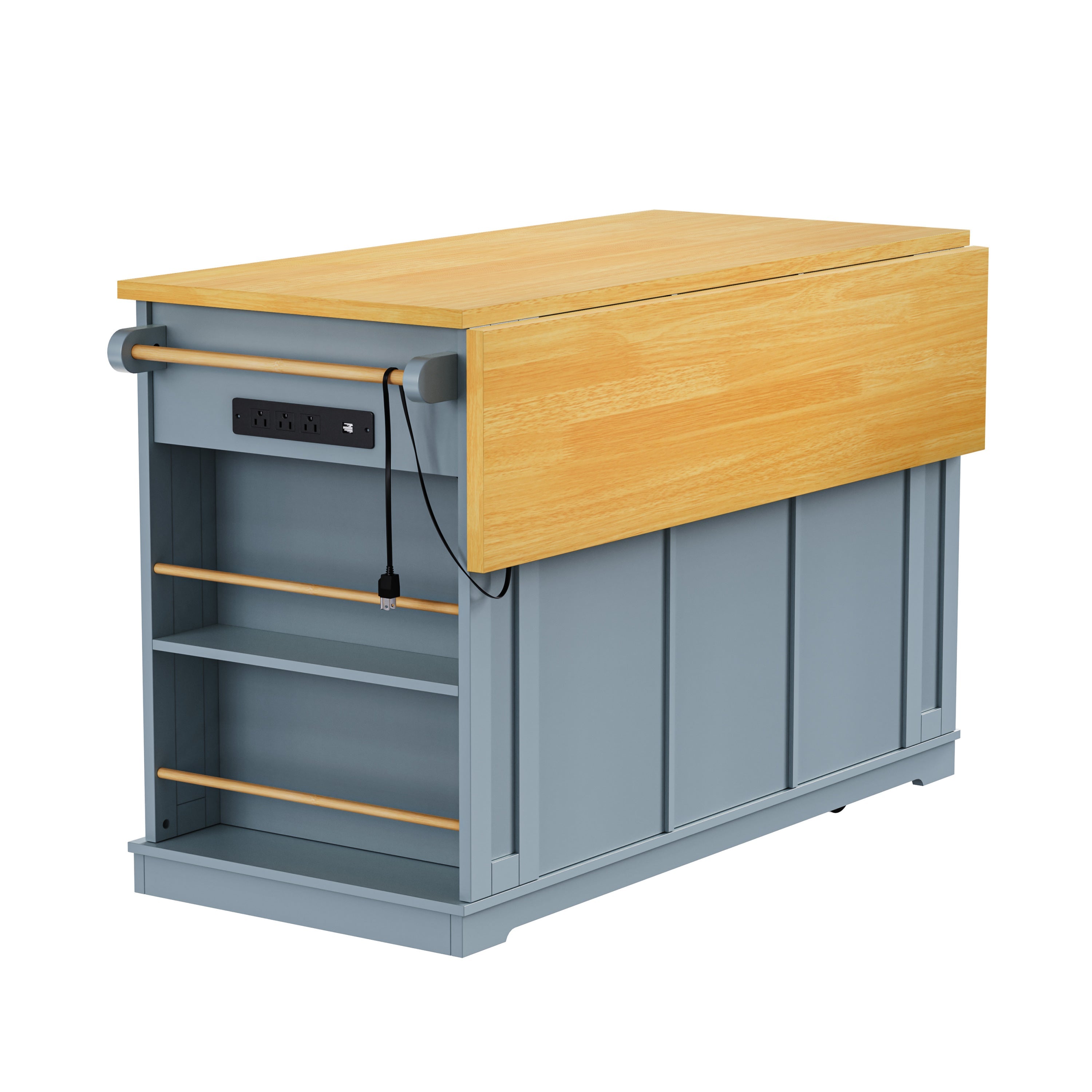K&K 53inch Large Kitchen Island with Drop Leaf,Power Outlet,Door Internal Storage Rack,Rolling Kitchen Cart on 5 Wheels with 5 Open Side Racks for Kitchen,Black(Two Packages)(Stools not included)
