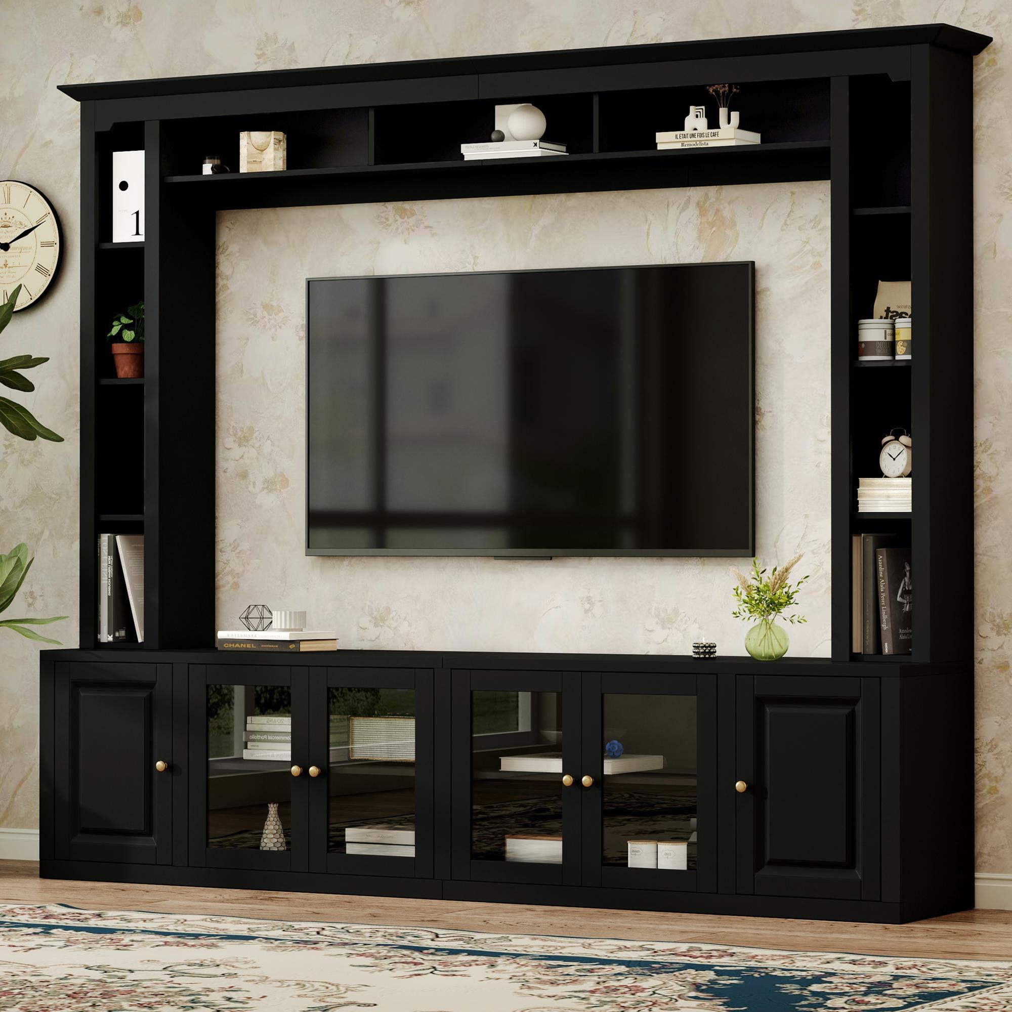 Black 92 inch entertainment center wall unit — front view