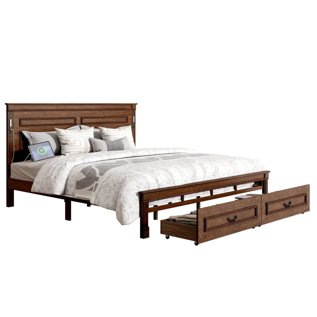 King Size Bed with Tall-Panel Headboard & Footboard, 2 Storage Drawers, Built-in LED Lights, USB Charging Station, Pinewood Bed with Strengthened Bed Frame ,White