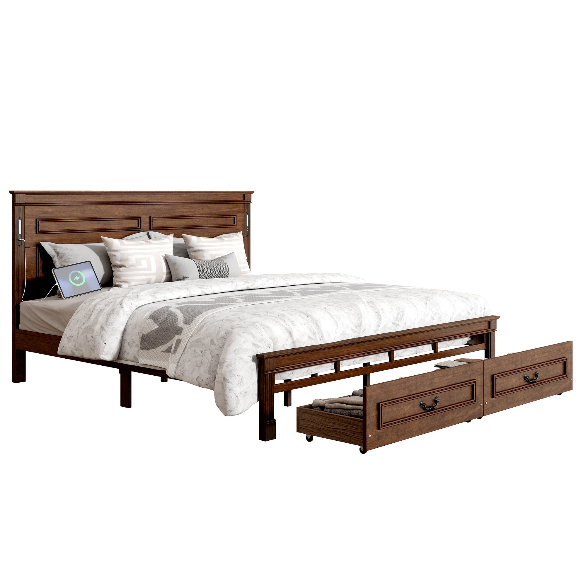 King Size Bed with Tall-Panel Headboard & Footboard, 2 Storage Drawers, Built-in LED Lights, USB Charging Station, Pinewood Bed with Strengthened Bed Frame ,White