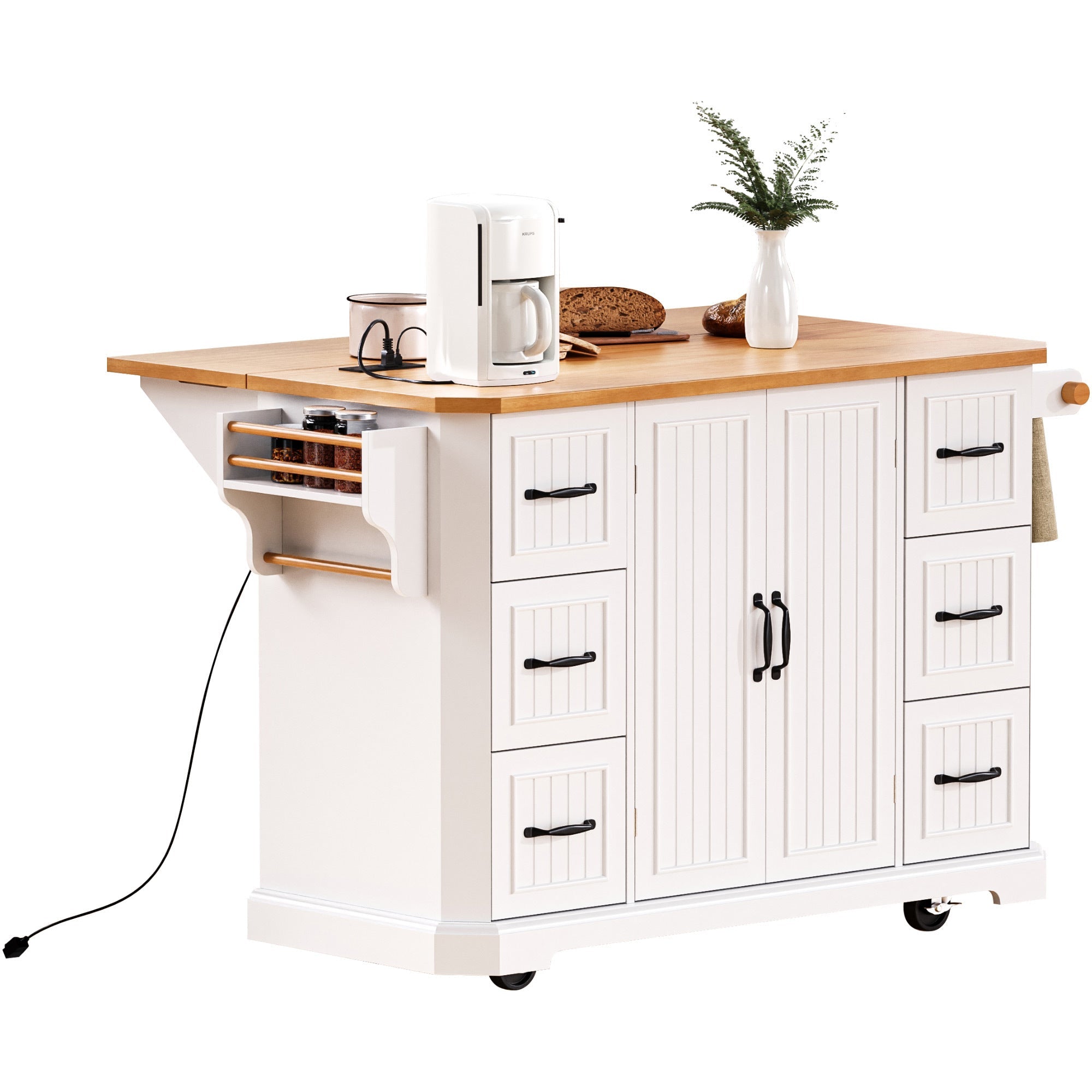 K&K 56 inch Kitchen Island with Rubber Wood Veneer Drop Leaf, Power Outlet, 4 Door Shelves, Embossed Vertical Stripe Rolling Kitchen Cart on 4 Wheels with 6 Deep Drawers for Kitchen, Dining Room,Black