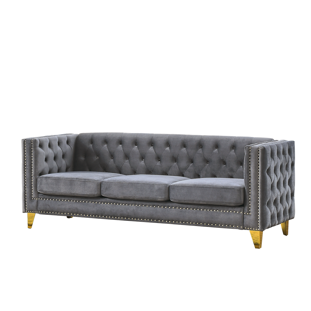 Grey velvet Chesterfield 3-seater sofa with metal legs — front view