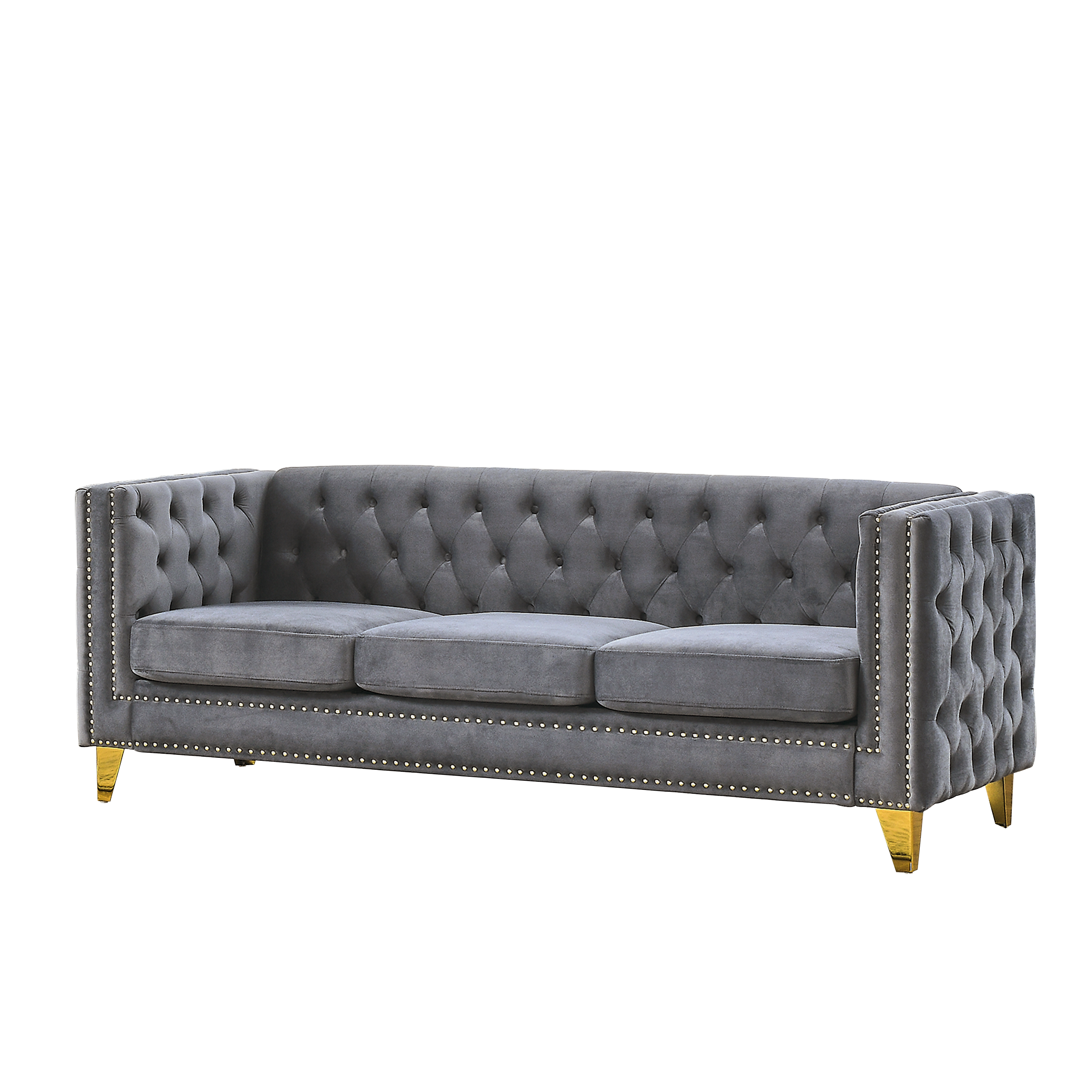 Grey velvet Chesterfield 3-seater sofa with metal legs — front view