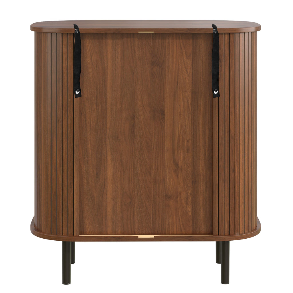 28' Fluted Wine Bar Cabinet with 8-Grid Wine Rack, 5-Level Adjustable Shelves, 2 Glass Holders, Smoothly Sliding Tambour Doors, 4 Hidden Storage Space on the Side, Modern Liquor Coffee Station, Black