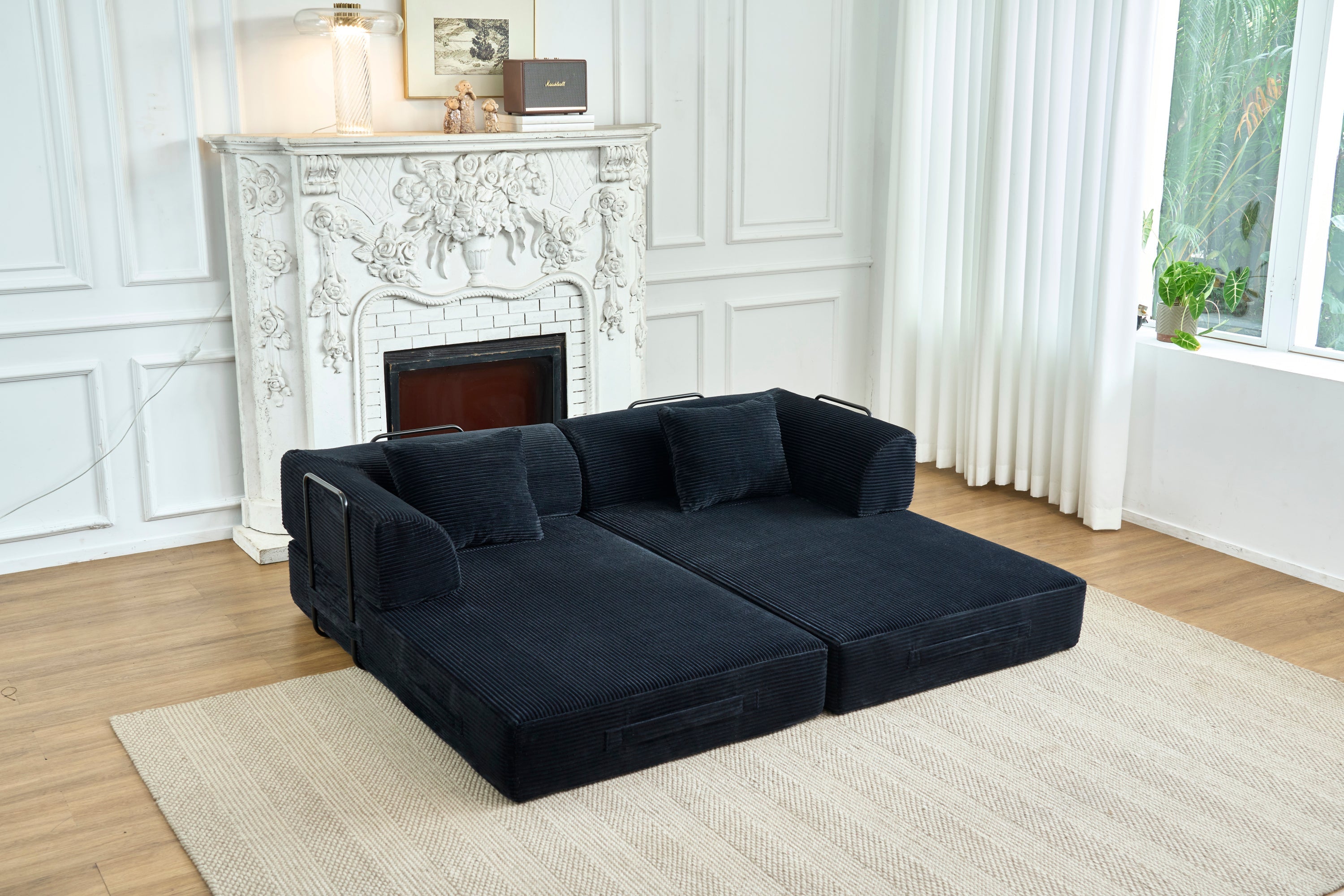 Convertible Sleeper Sofa Bed, Corduroy Folding Mattress Couch with Fixed-Shape Frame, Floor Sofa Lounge Couch Boneless Sofa for Living Room Bedroom, Light Gray
