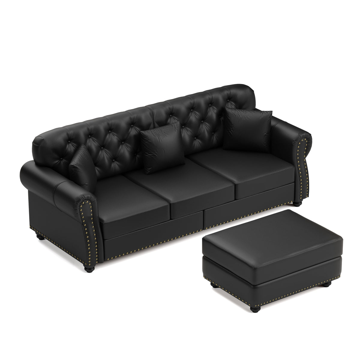 82.6'Upholstered Faux Leather Sofa with Nailhead Trim and Rolled Armrests,Mid-Century Modern Chesterfield Sofa with Button Tufted,Includes 3 Pillows,Black