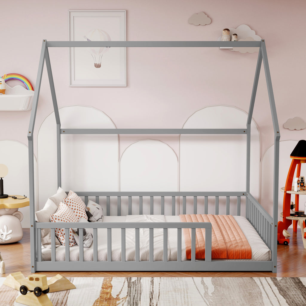 Full Size House Floor Bed with Roof Frame ,Pine Wood Floor Bed with Safety Guardrails,Grey