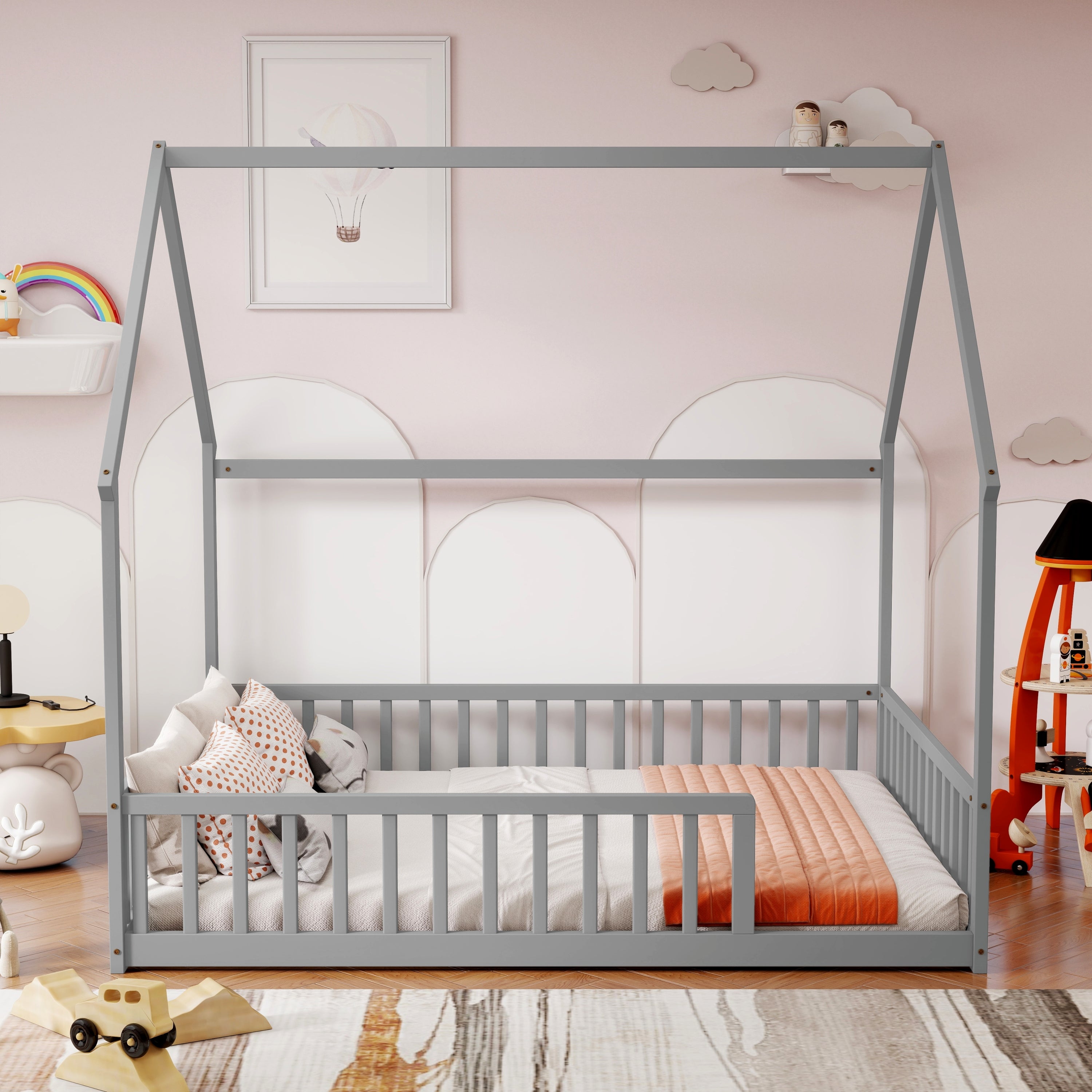Full Size House Floor Bed with Roof Frame ,Pine Wood Floor Bed with Safety Guardrails,Grey