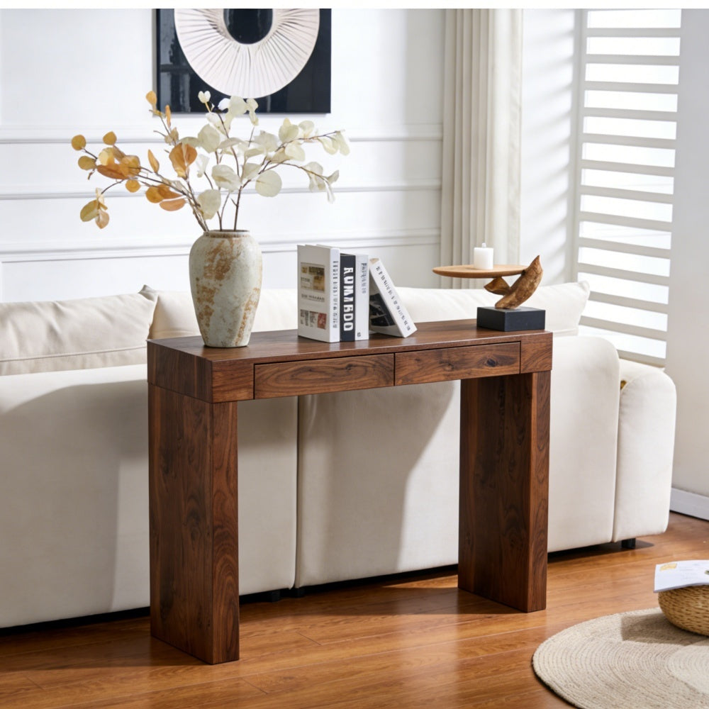 Natural walnut bar table with double drawers — front view