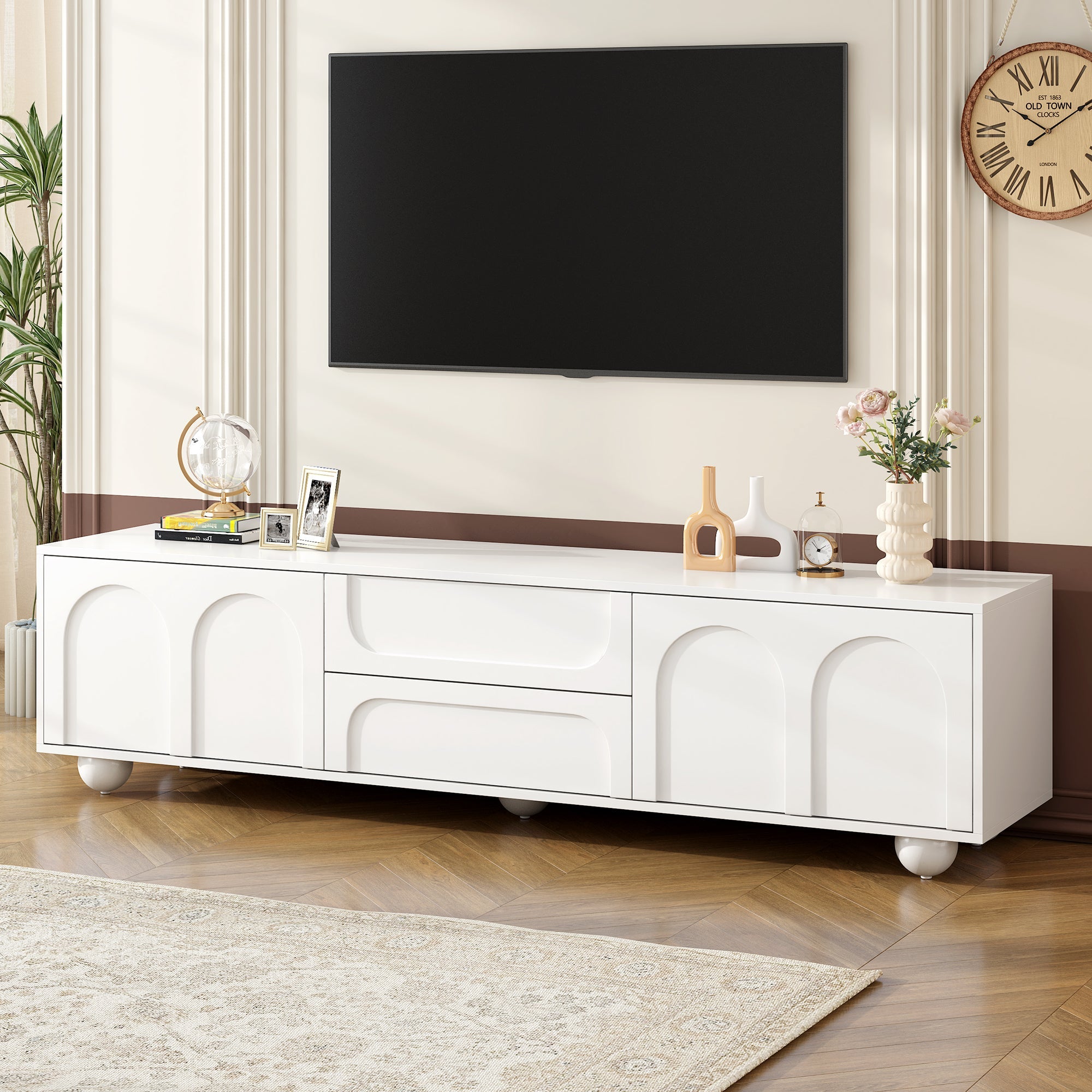 TV Stand with Arched Doors & 2 Drawers — for TVs Up to 75"