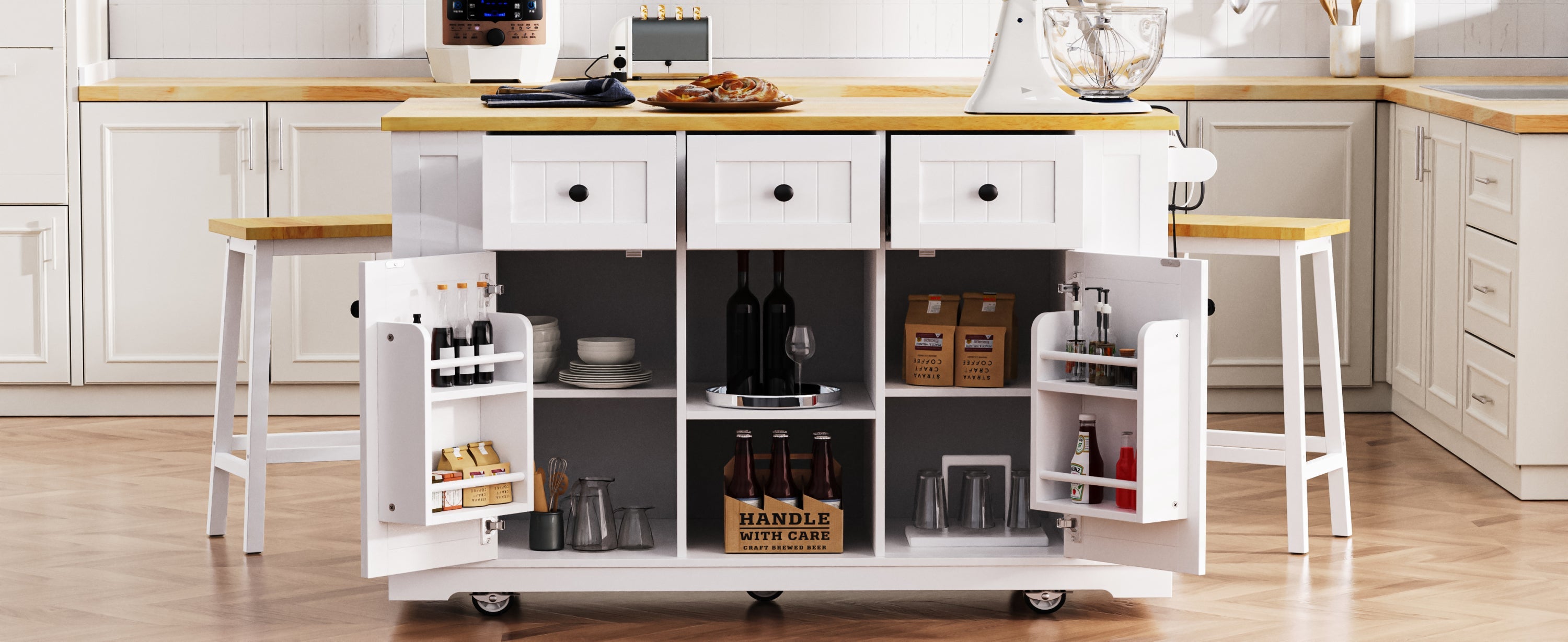 K&K 53inch Large Kitchen Island with Drop Leaf,Power Outlet,Door Internal Storage Rack,Rolling Kitchen Cart on 5 Wheels with 5 Open Side Racks for Kitchen,Black(Two Packages)(Stools not included)