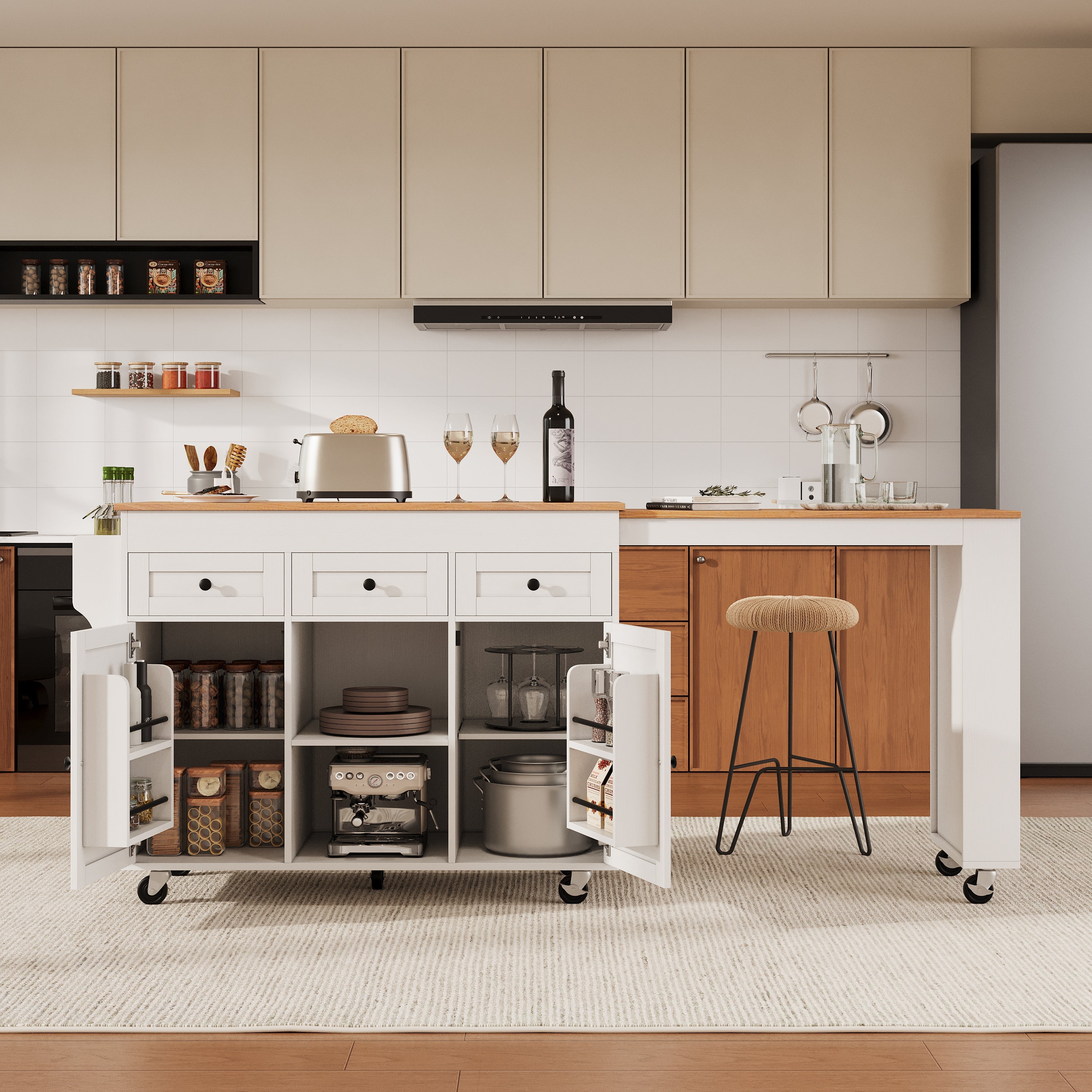 K&K 85.5' Kitchen Island with Extendable Dining Table, Kitchen Storage Table with 3 Side Open Shelves, Rolling Kitchen Island with Power Outlet, 3 Drawers, 2 Doors, for Kitchen, Dining Room, Black