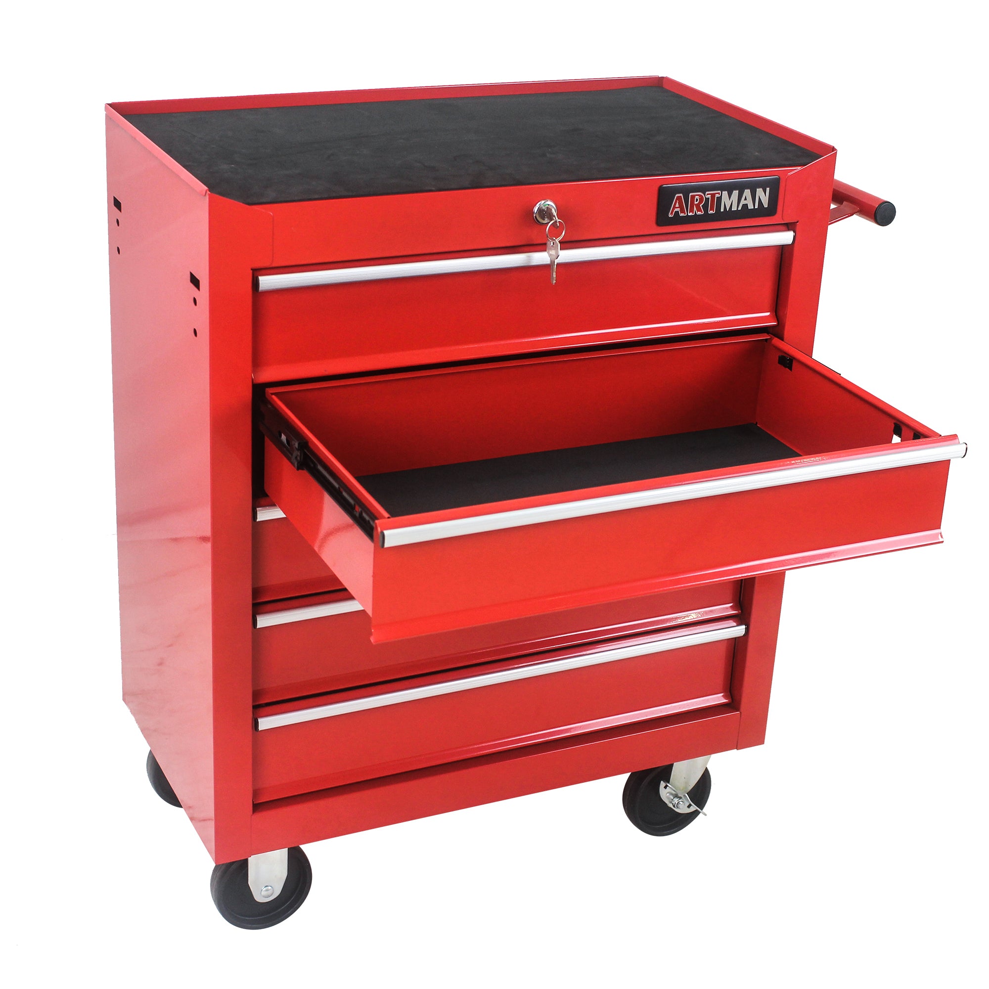 Red powder-coated steel tool cart drawer open view