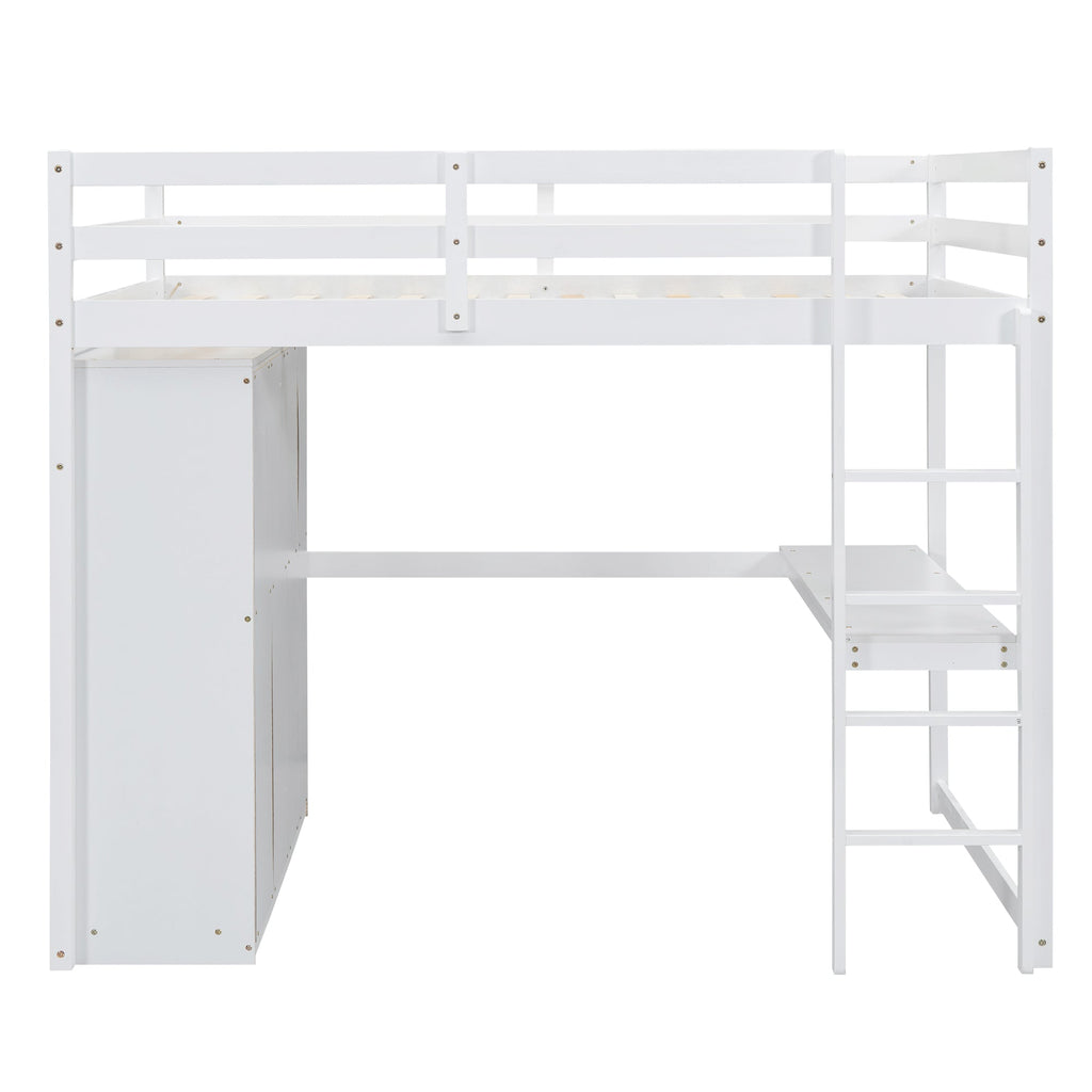 Full Size Loft Bed with Wardrobe, Desk & Storage Drawers — Pine Wood