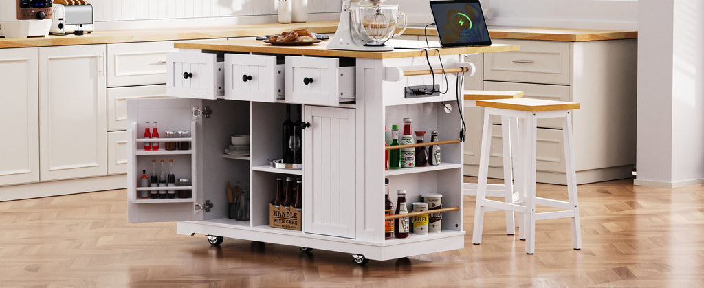 K&K 53inch Large Kitchen Island with Drop Leaf,Power Outlet,Door Internal Storage Rack,Rolling Kitchen Cart on 5 Wheels with 5 Open Side Racks for Kitchen,Black(Two Packages)(Stools not included)
