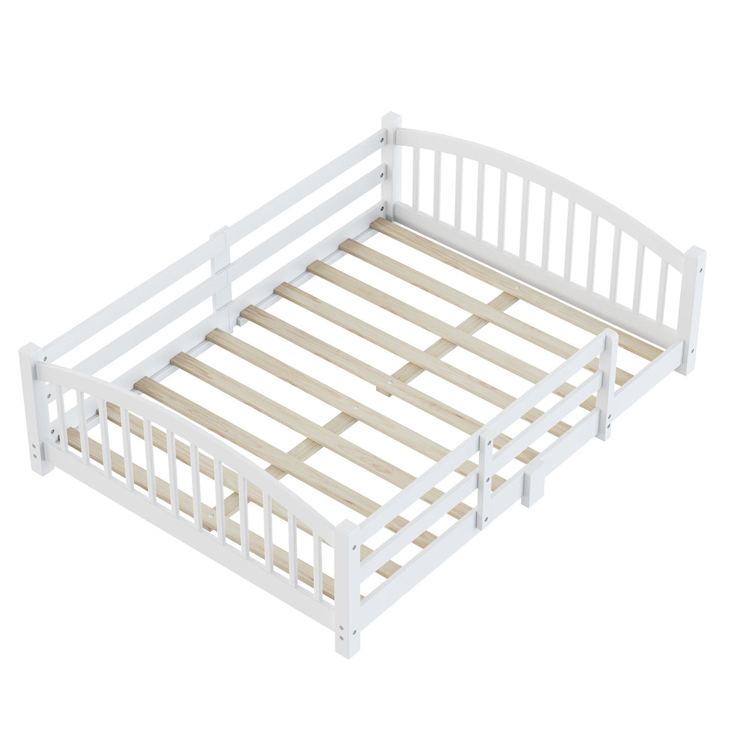 Full Montessori Floor Bed with Slats and Safety Guardrails, Solid Wood Floor Bed with Fence and Without Door, Easy Assemble Montessori Bed for Girls and Boys, Gray