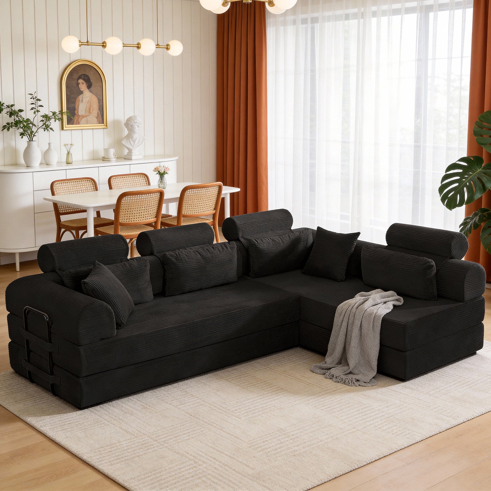 Corduroy sectional sofa with bed conversion — angle view