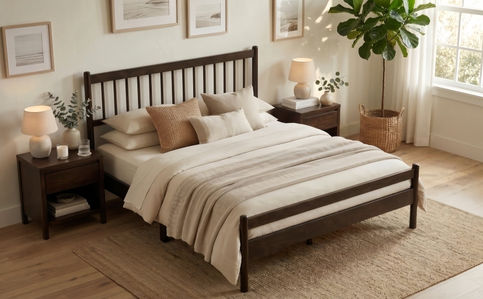 Traditional Style Queen Size Bed with Headboard and Footboard, Pinewood Bed with Strengthened Bed Frame ,Walnut