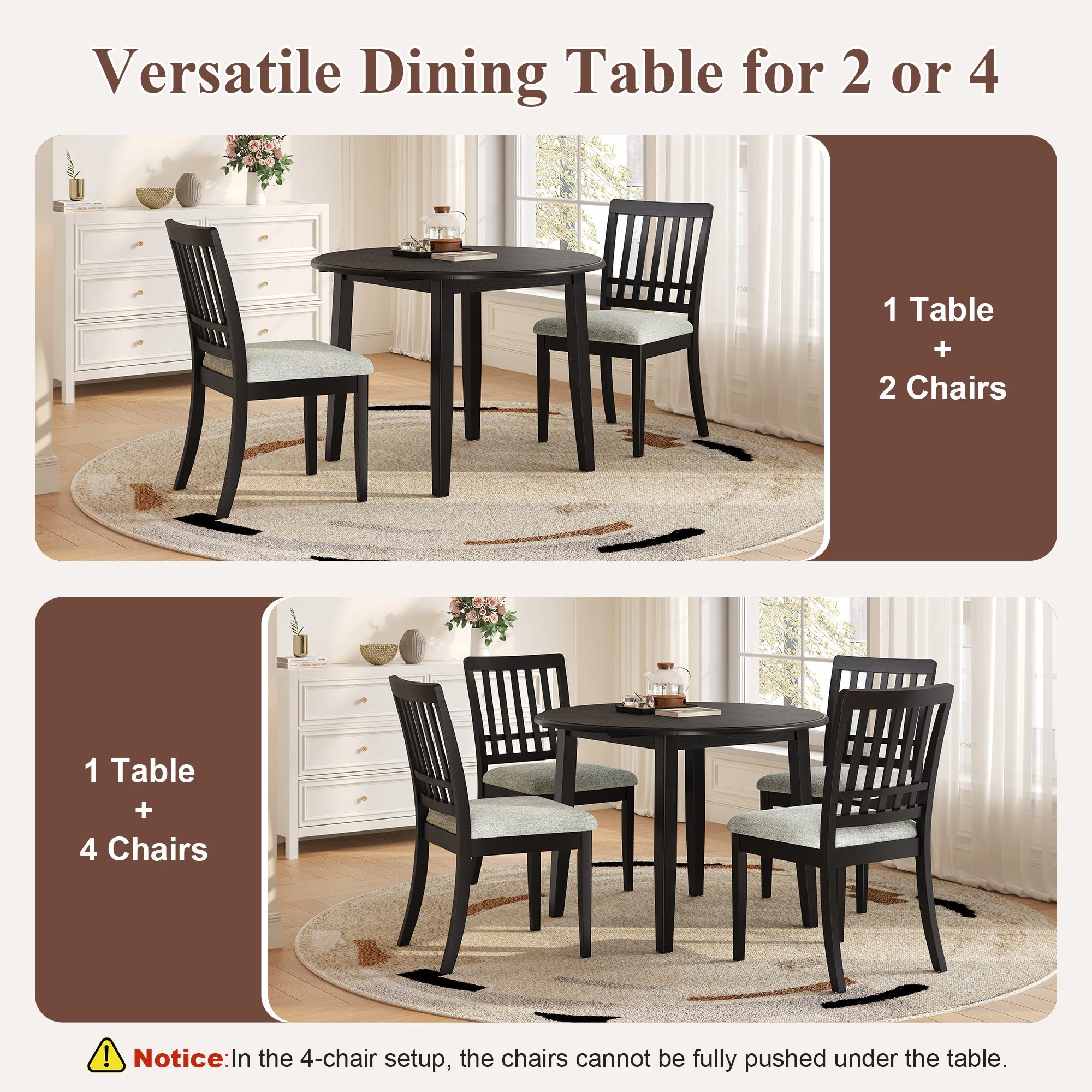 3-Piece Round Dining Table Set for 2 People, 1 Folding Wood Dining Table + 2 Upholstered Chairs, Space-Saving Design for Small Apartments and Dining Areas -LIGHT BROWN