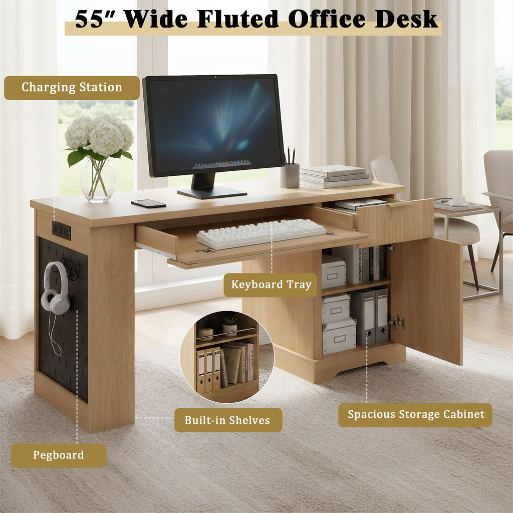 Fluted Office Desk with Pegboard, Charging Station, Keyboard Tray & Storage — 55-Inch