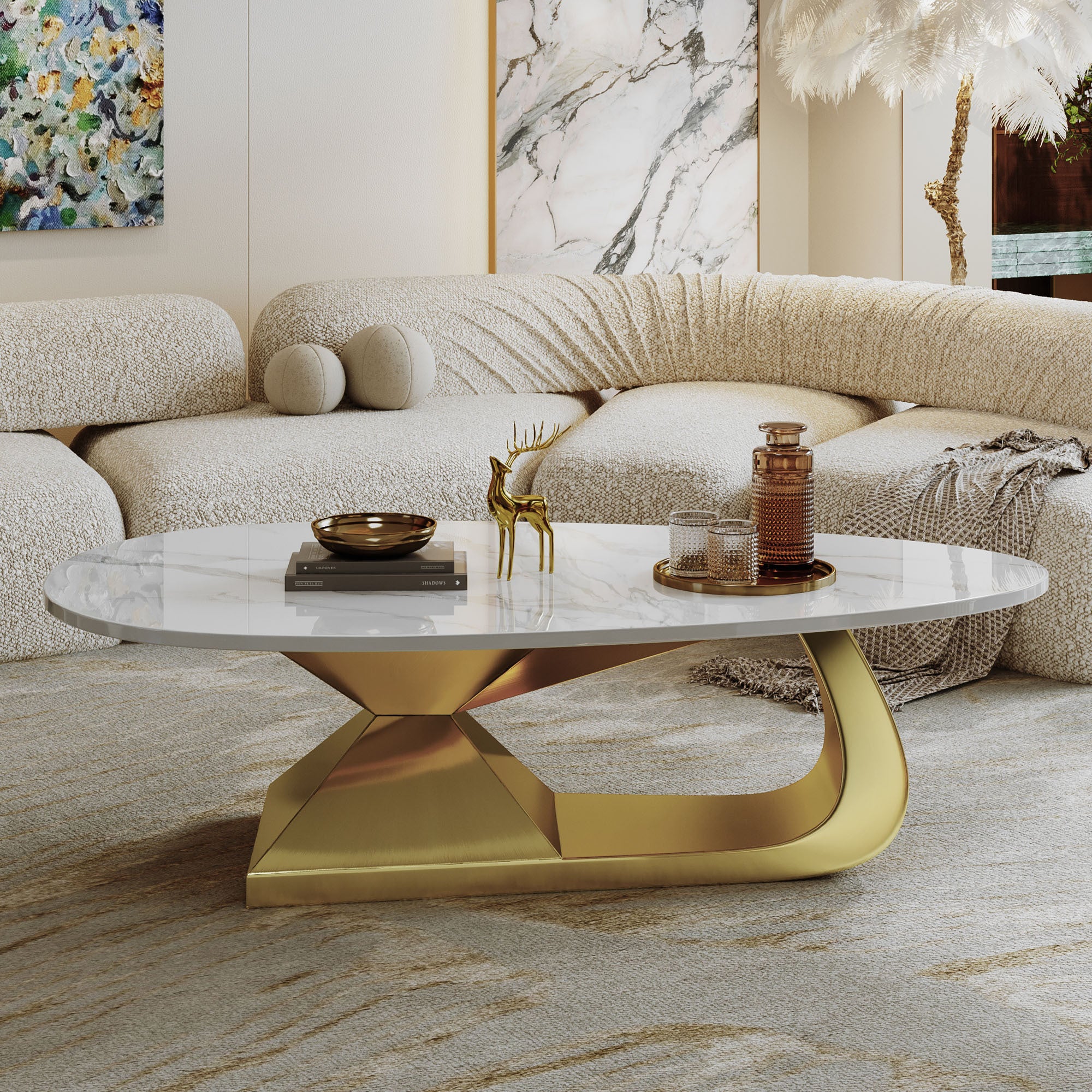 Oval coffee table sculptural stainless steel sled base detail