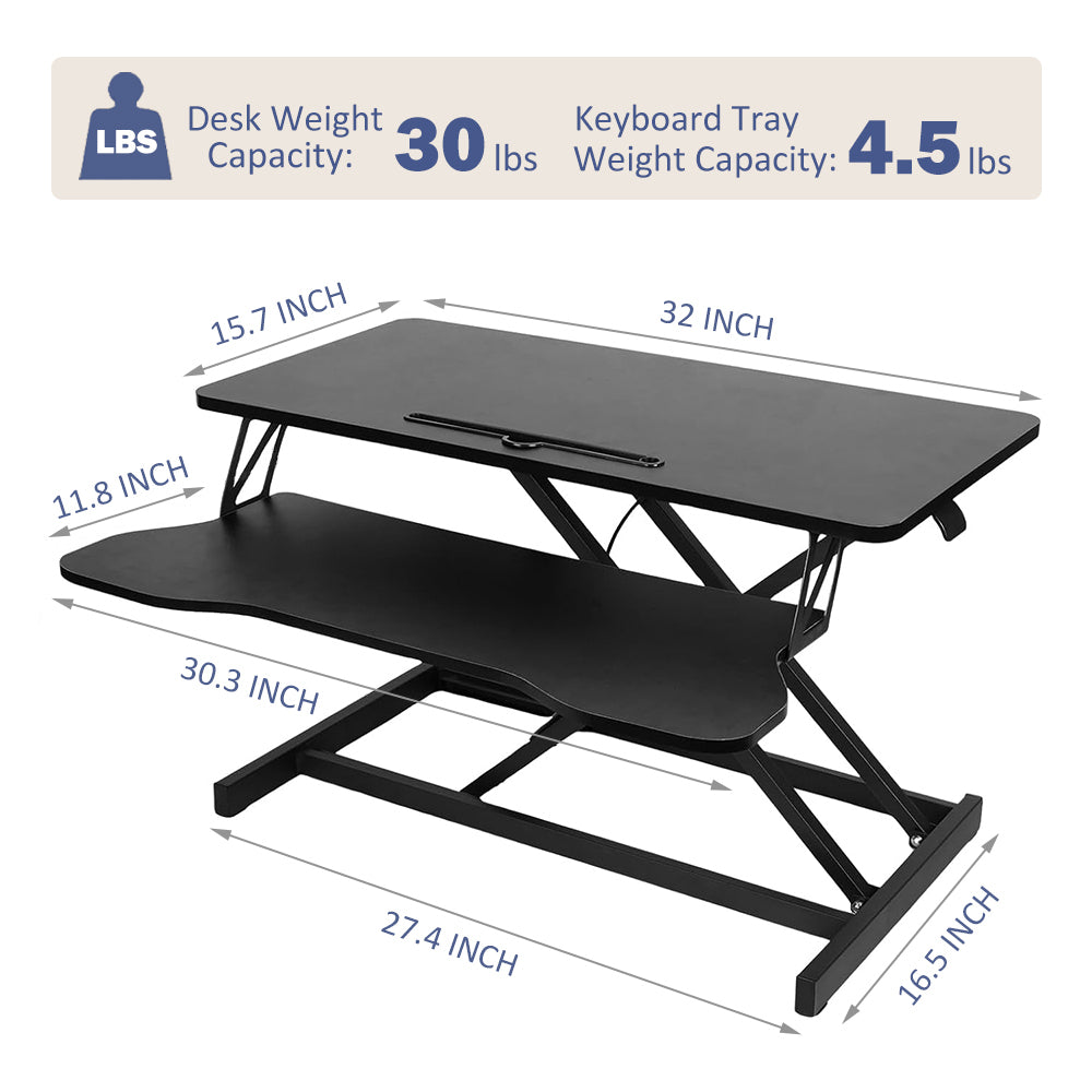Black desk converter raised to standing height profile view