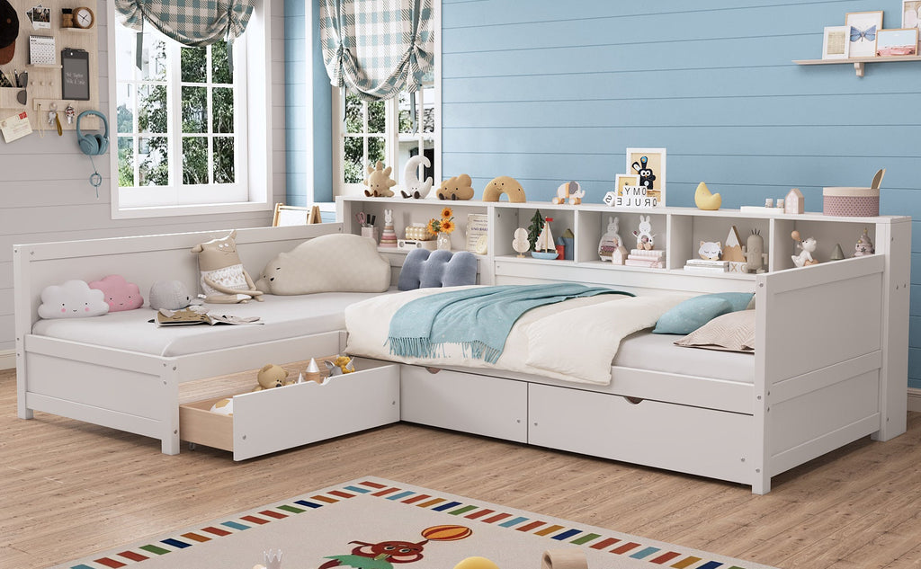 Twin Size Day Bed for 2, L- Shape Twin Size Bed Frame with Storage 3 Drawers, Wooden Corner Bed with Bookshelf, Corner Bed Frame For Bedroom, Living Room,Grey