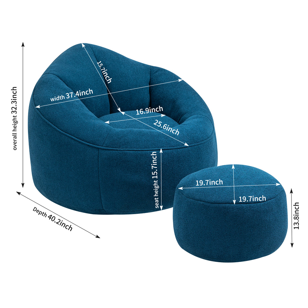Blue microfiber bean bag chair in bedroom setting