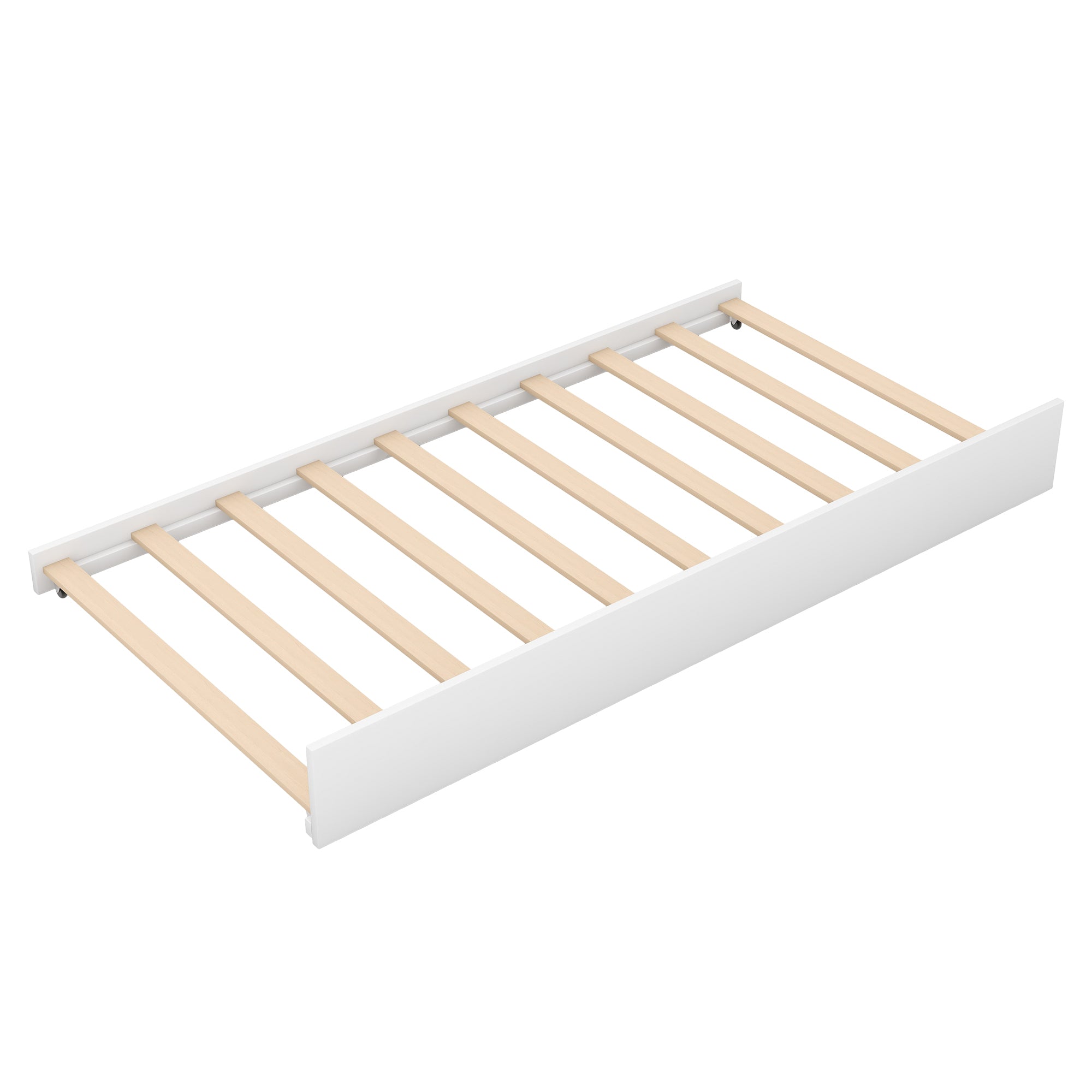 White house bed trundle tucked under main bed frame