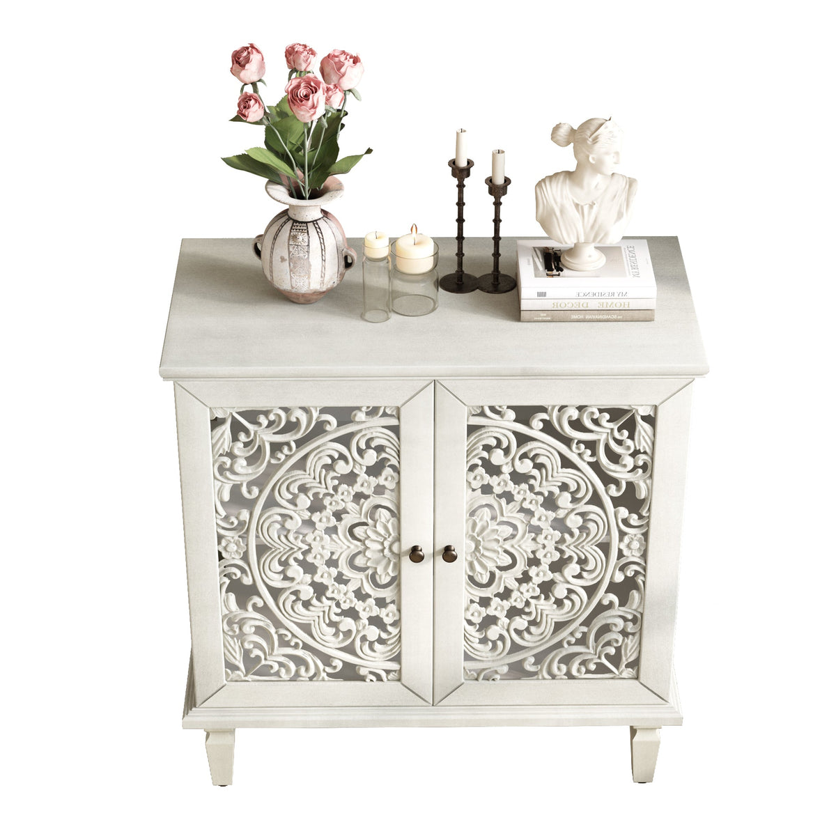 Vintage Hollow-Carved Accent Cabinet, 2-Door Display Storage Sideboard with Symmetrical Floral Design, Adjustable Shelf and Solid Wood Legs for Living Room Entryway(Antique Green)