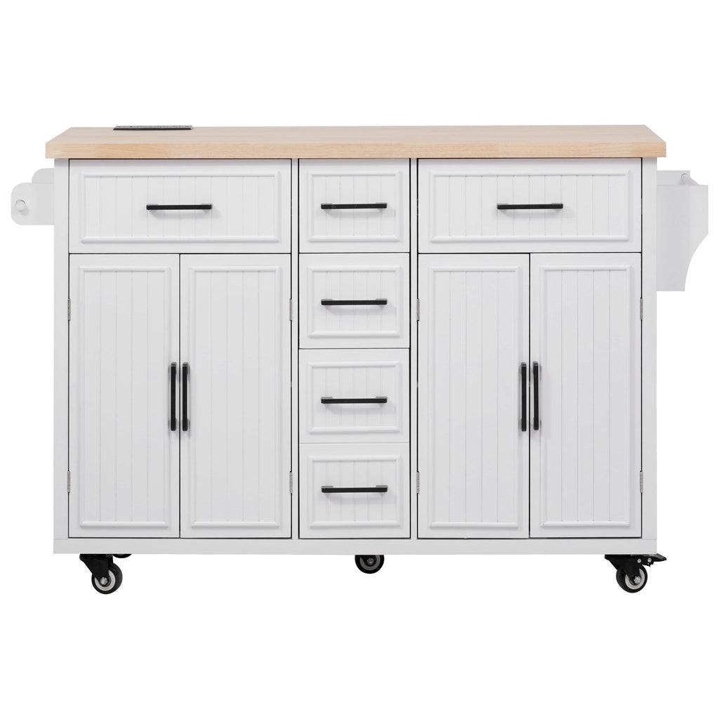 K&K 56.5'' Kitchen Island with Drop Leaf, Power Outlet, Embossed Vertical Stripe Rolling Kitchen Cart on Wheels with 4 Doors , 5 Deep Drawers and Adjustable Shelves, for Kitchen, Dining Room, Black