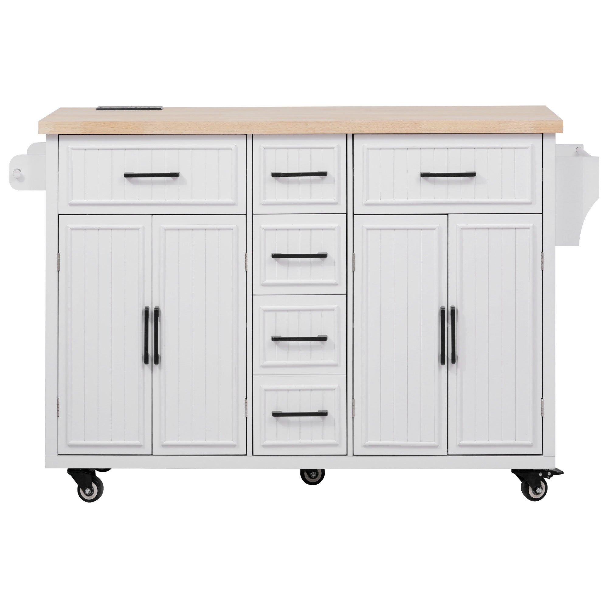 K&K 56.5'' Kitchen Island with Drop Leaf, Power Outlet, Embossed Vertical Stripe Rolling Kitchen Cart on Wheels with 4 Doors , 5 Deep Drawers and Adjustable Shelves, for Kitchen, Dining Room, Black