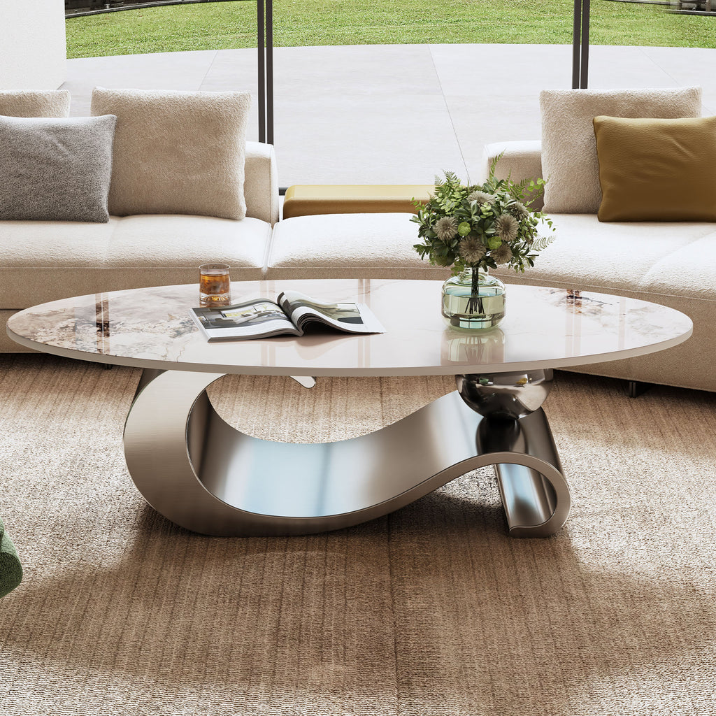 Grey faux marble oval coffee table stainless steel base — front view