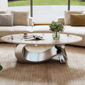 Grey faux marble oval coffee table stainless steel base — front view