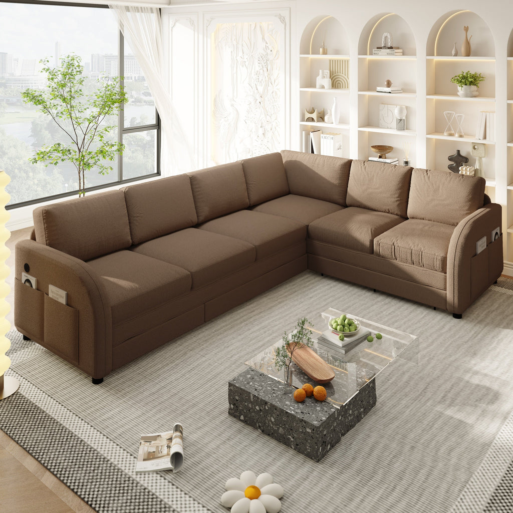115.2' L-Shaped Sofa Couch with Pull-Out Bed,Oversize Convertible Sleeper Sofa with side Pocket & USB Port,Teddy Upholstered Sectional Couches with Convert Left/Right Facing, Light Grey