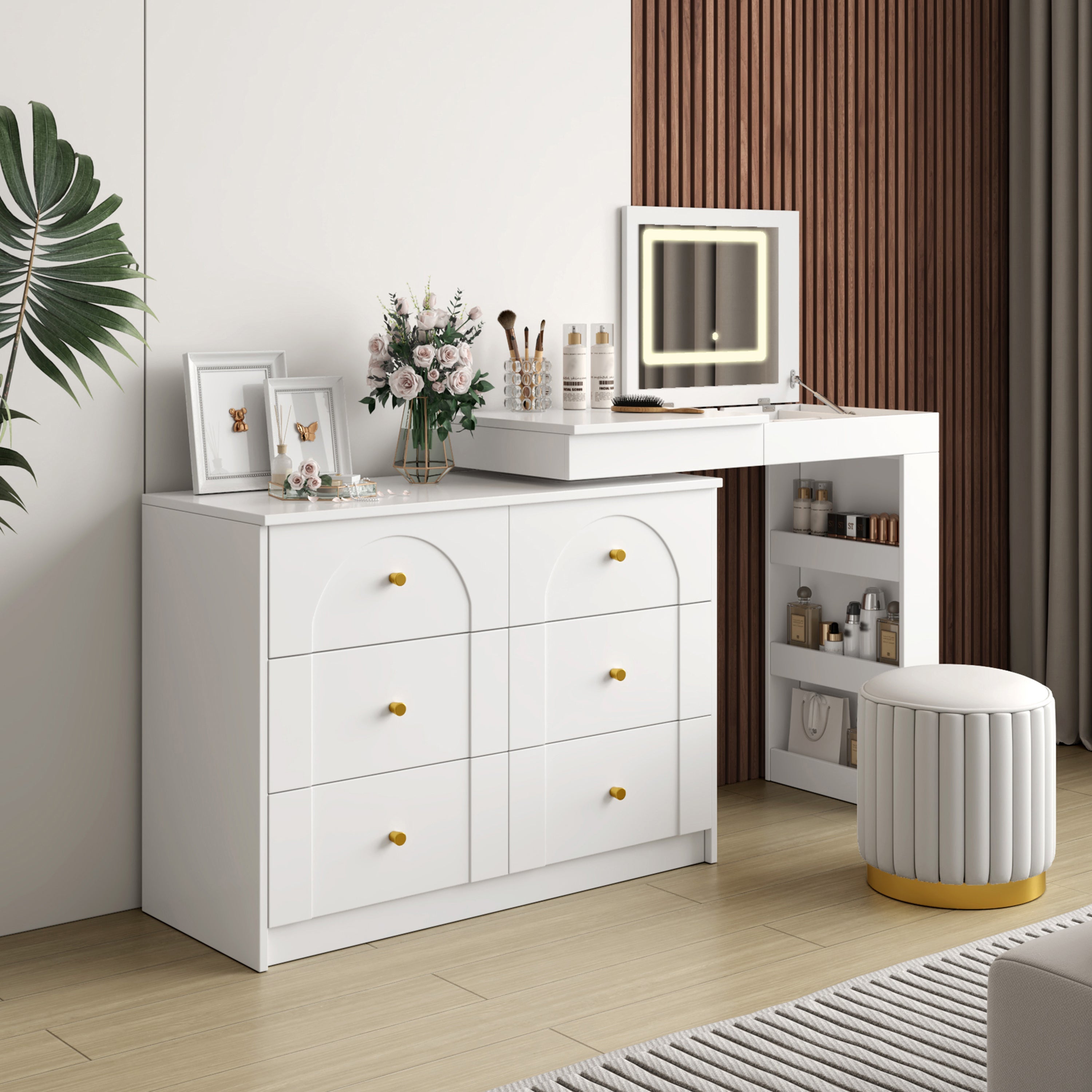 Vanity Desk with Mirror and Lights, Makeup Vanity Table with Flip-Top Tabletop and Storage 7 Drawers, 9 Compartments, 3 Shelves, 3 Color Modes Adjustable Makeup Table for Bedroom, Walnut (N733P279096)