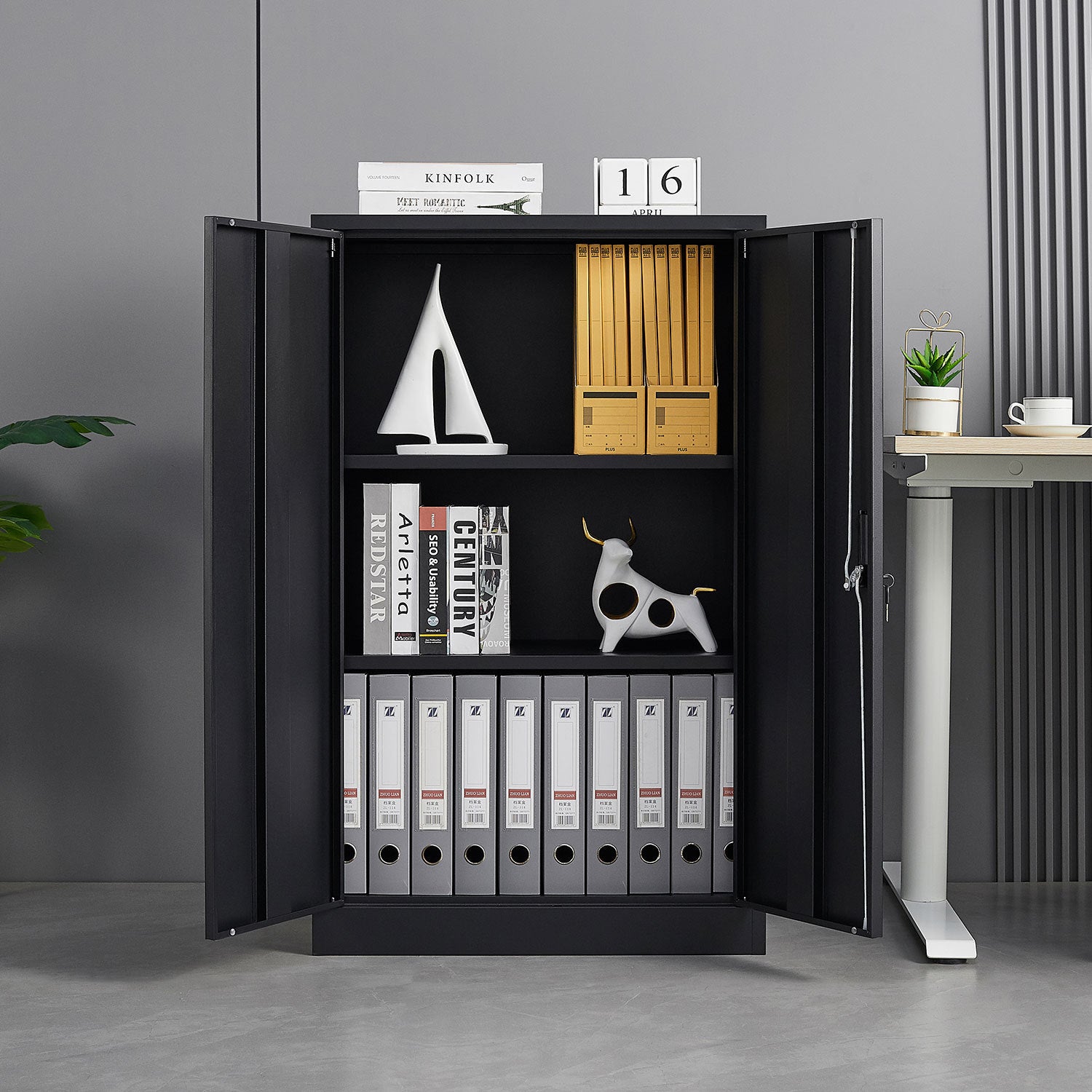 Black metal filing locker door lock close-up