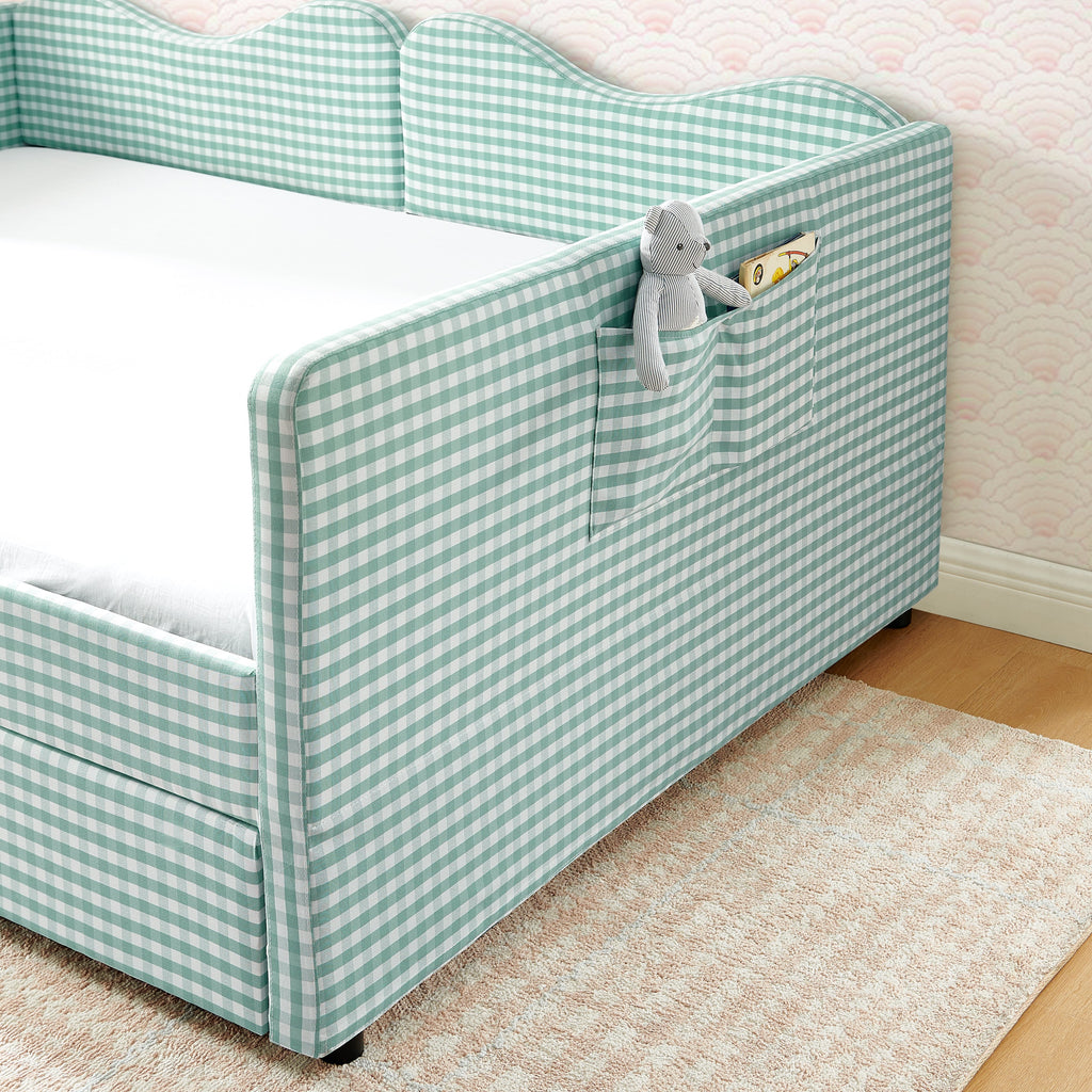 Full‑Size Daybed,Gingham Upholstered Daybed Equipped with Pull-Out Trundle Bed Frame & Side Storage Pocket, Solid Wood Frame Multi-Functional Sofa Bed for Kids Room & Guest Bedroom-PINK