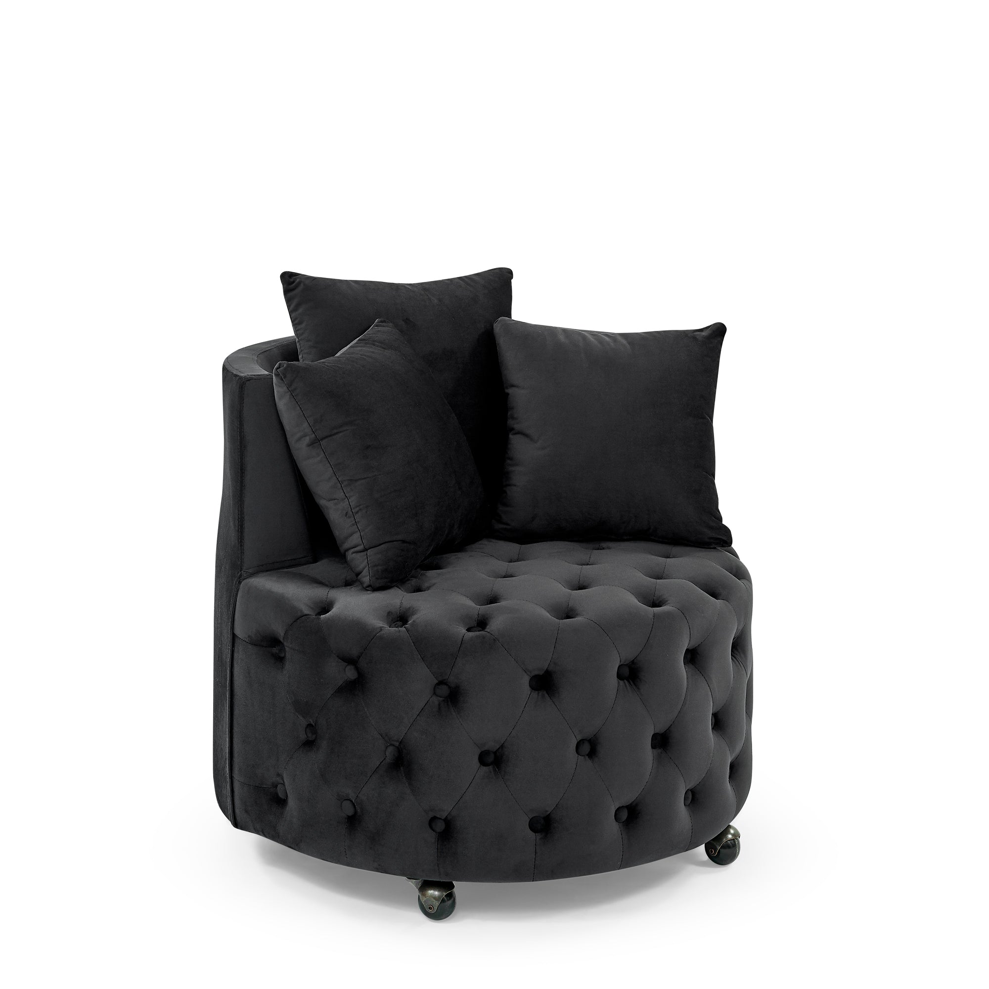 Black velvet tufted swivel accent chair with wheels — front view