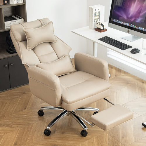 Beige ergonomic office chair with footrest — front view