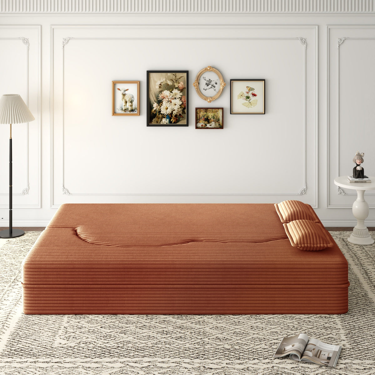 Modern Floor Sofa with 2 Pillows, Convertible Plush Corduroy Foam-Filled Sleeper Sofa Bed,15 ' Full Size Folding Mattress for Living Room, Guest Bed, no assembly required, Light Grey