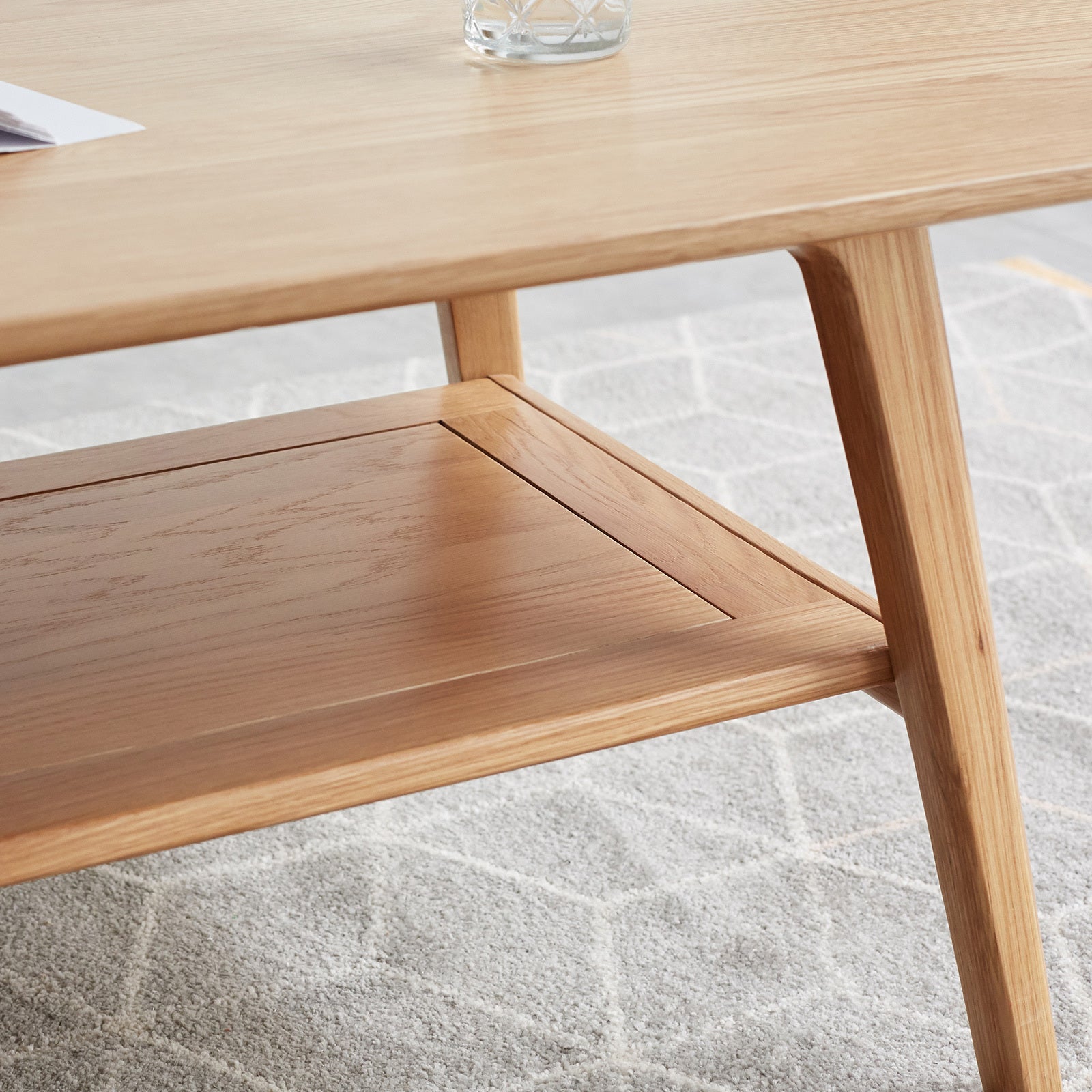 Solid wood coffee table side profile with open shelving