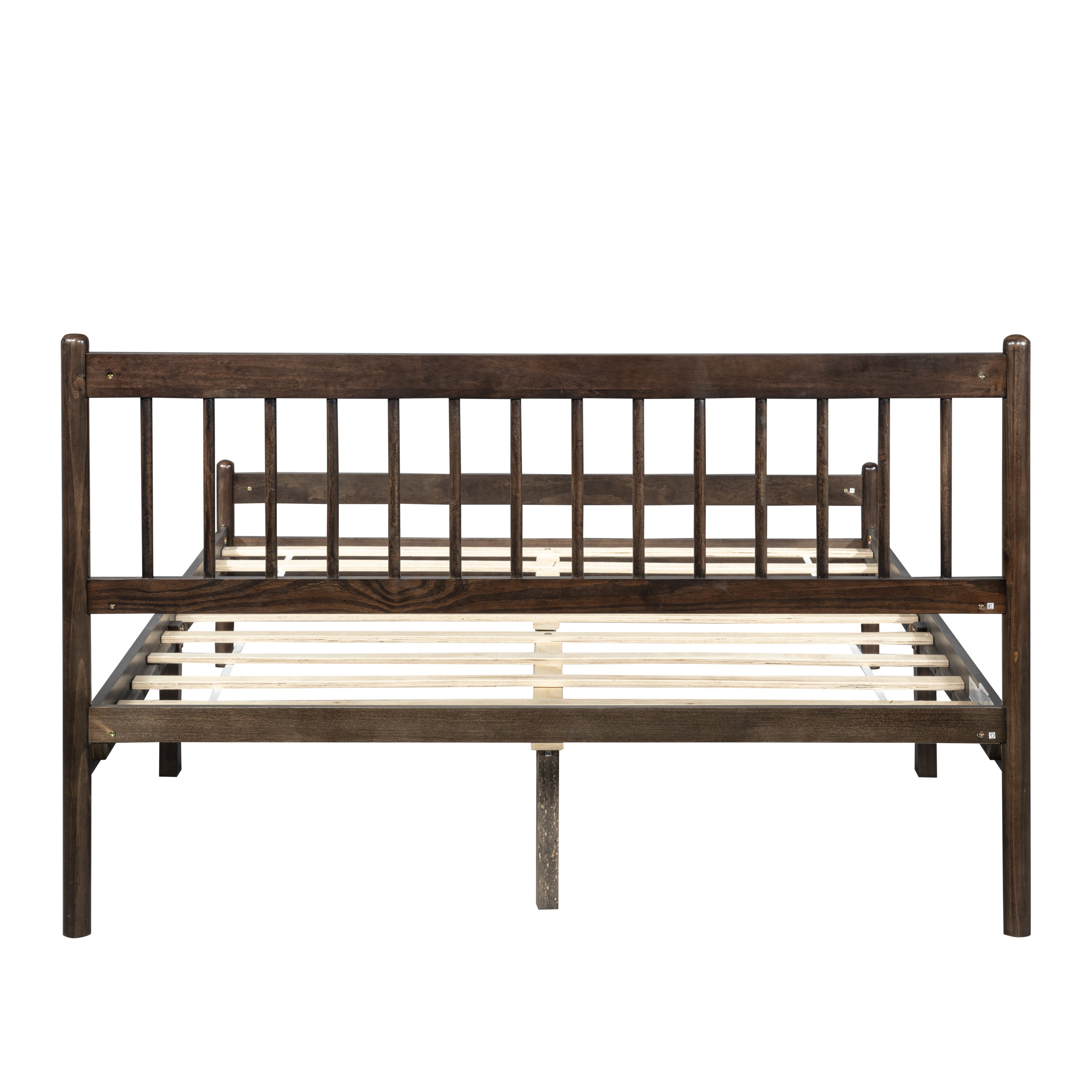 Traditional Style Queen Size Bed with Headboard and Footboard, Pinewood Bed with Strengthened Bed Frame ,Walnut