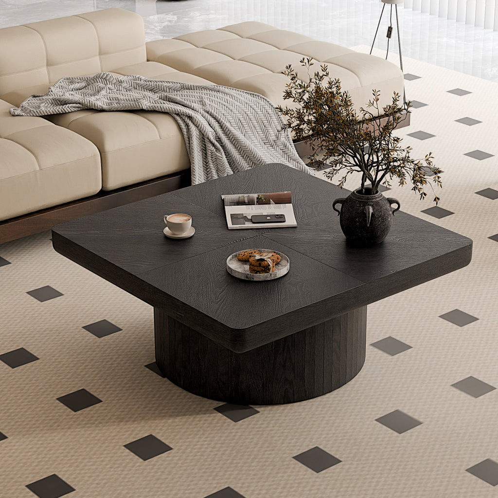 34.6'' Square Coffee Table for Living Room, Modern Wood Veneer Top with Parquet Pattern & Cylindrical Base, Thickened Tabletop, Easy Assembly, Natural Wood
