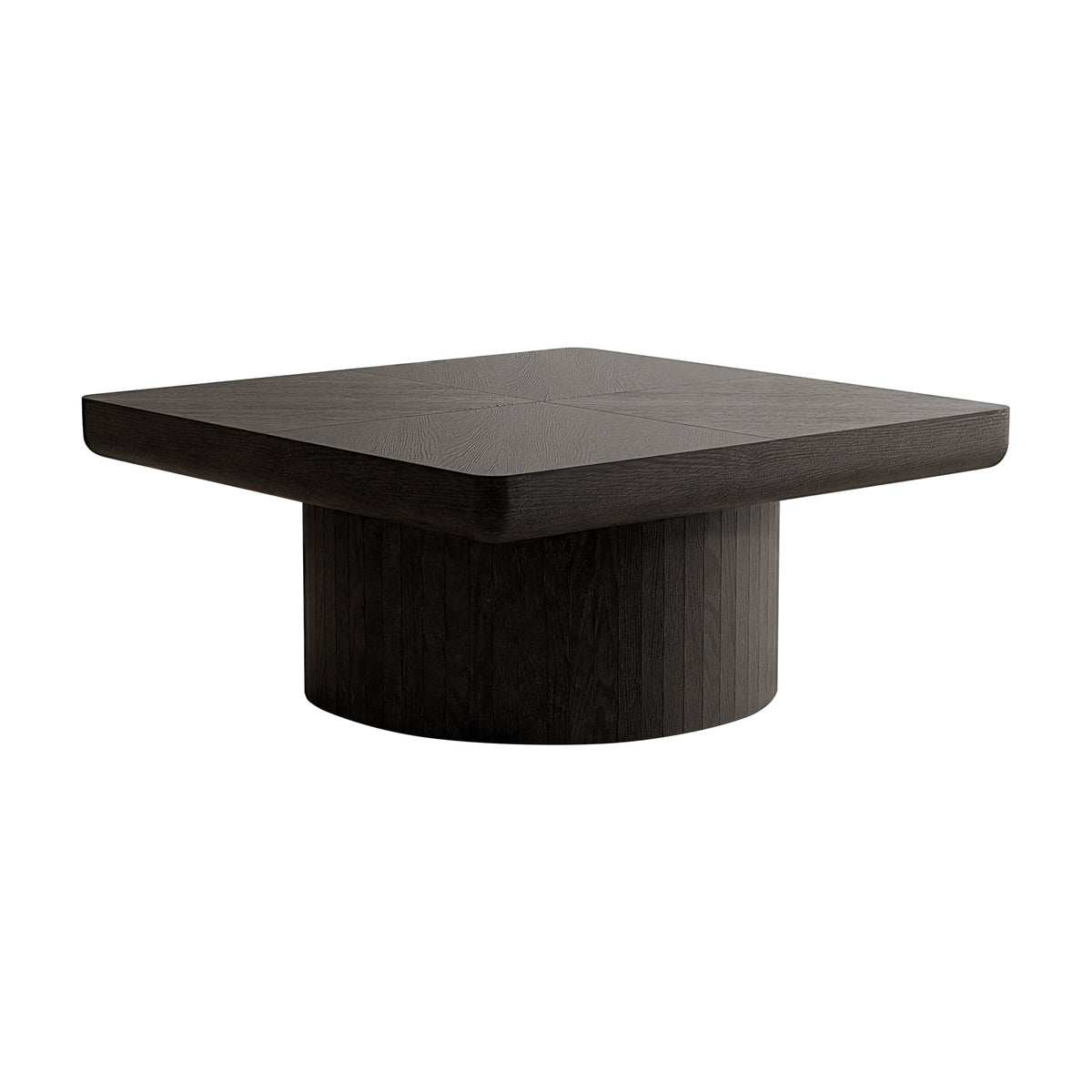 34.6'' Square Coffee Table for Living Room, Modern Wood Veneer Top with Parquet Pattern & Cylindrical Base, Thickened Tabletop, Easy Assembly, Natural Wood